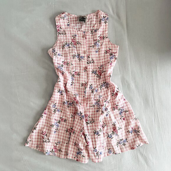 Vintage Other - 90s/Y2K Vintage Floral Picnic Pink Gingham Skort Romper (Girls 12)